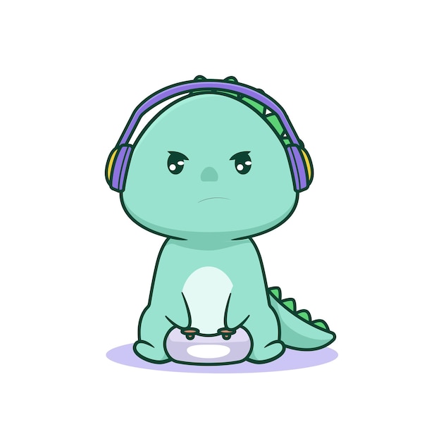 Cute kawaii dinosaur playing game with serious face