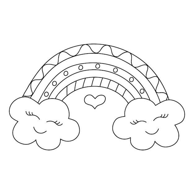 Cute kawaii doodle rainbow with clouds Hand drawn line art vector illustration