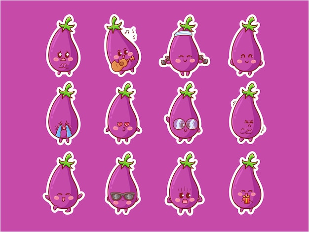 Cute Kawaii eggplant  Character Illustration Various Activity Happy Expression mascot badge set