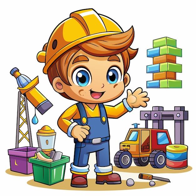 Cute kawaii engineer labor chibi mascot vector cartoon style