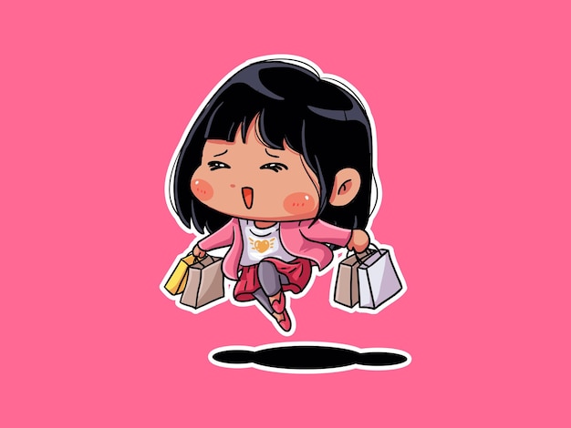 Cute and kawaii excited shopaholic Girl Holding shopping bag manga chibi Illustration