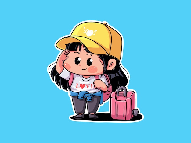 Cute and kawaii Excited Traveler Girl Bring Suitcase for Holiday Manga Chibi Illustration