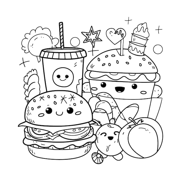 Vector cute kawaii fast food theme thick lines hand drawn kawaii coloring book illustration