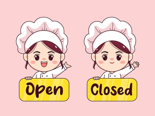 Cute and kawaii female chef or baker with open closed board cartoon manga chibi vector character