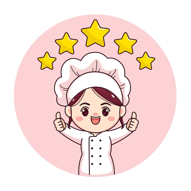 Cute and kawaii female chef or baker with thumbs up five stars cartoon manga chibi vector character