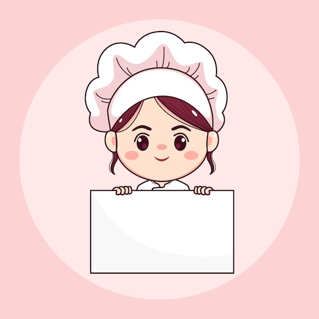 Cute and kawaii female chef or baker with white board cartoon manga chibi vector character design