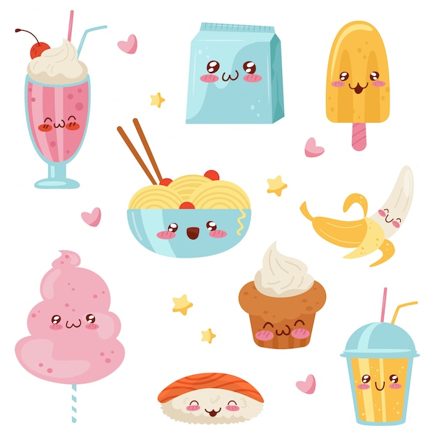 Cute Kawaii food cartoon characters set, desserts, sweets, sushi, fast food  Illustration on a white background