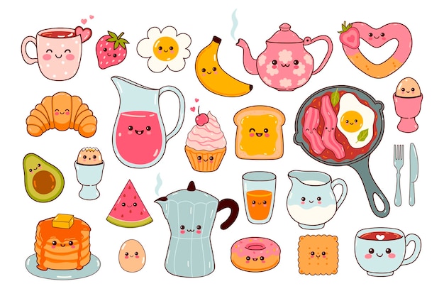 Cute kawaii food set for breakfast Vector graphics