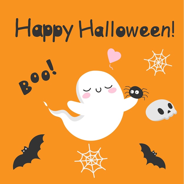 cute kawaii ghost halloween spirit with spider playful funny scary spooky monster trick or treat