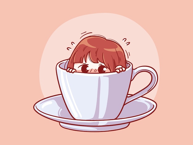 Cute and kawaii Girl Afraid or Shy Hide In a Cup of coffee Manga Chibi Illustration