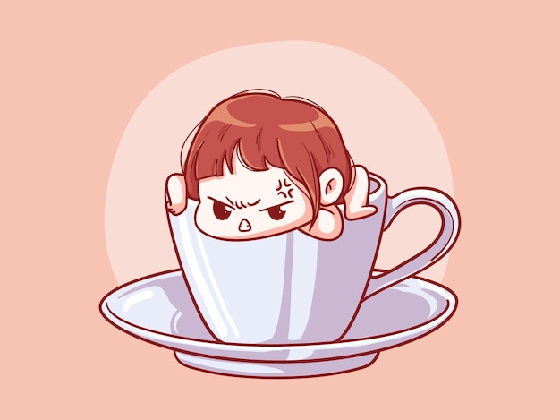 Cute and Kawaii Girl Angry Getting out of a Cup of coffee Manga Chibi Illustration