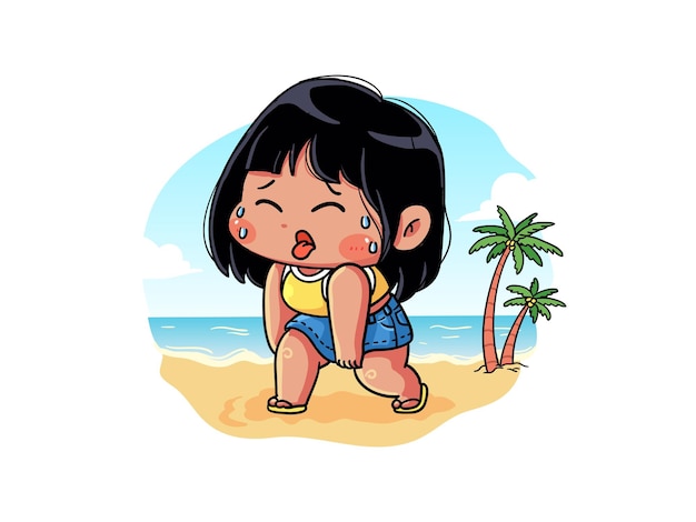 Cute and kawaii Girl is complaining of being tired and hot because summer is coming Chibi