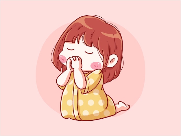 Cute and kawaii Girl Pray on Knee Before Sleep Chibi Illustration