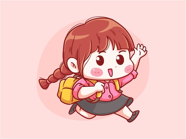 Cute and kawaii Girl running go to school with backpack Manga Chibi