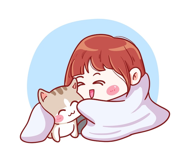 Cute and kawaii Girl Snuggle with Cat Under The Blanket