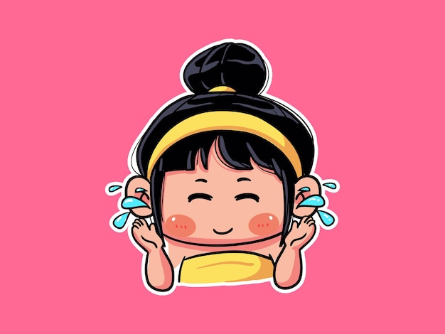 Cute kawaii Girl Wash and Rinse Face with fresh water for Skincare Routine manga chibi Illustration