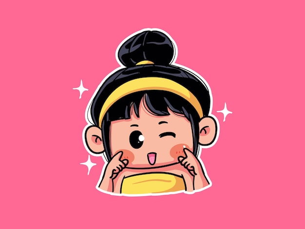 Cute and kawaii Girl with Bright Glowing Healthy Skin Smile and wink manga chibi Illustration