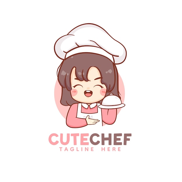 Cute kawaii girl woman chef happy smile face logo