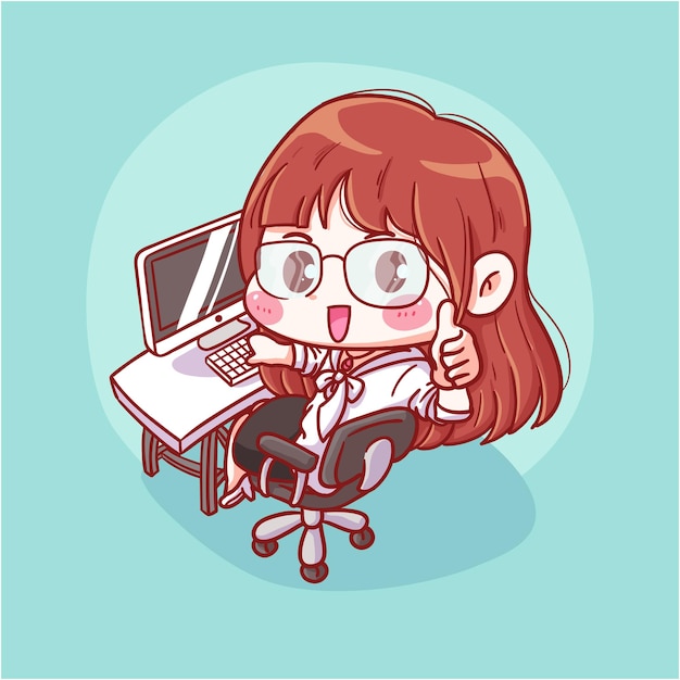 Cute and kawaii Girl Working on Desk manga chibi