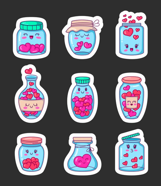 Vector cute kawaii glass jar with hearts inside sticker bookmark happy valentines day