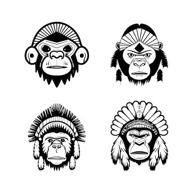 cute kawaii gorilla head wearing indian chief accessories collection set hand drawn illustration