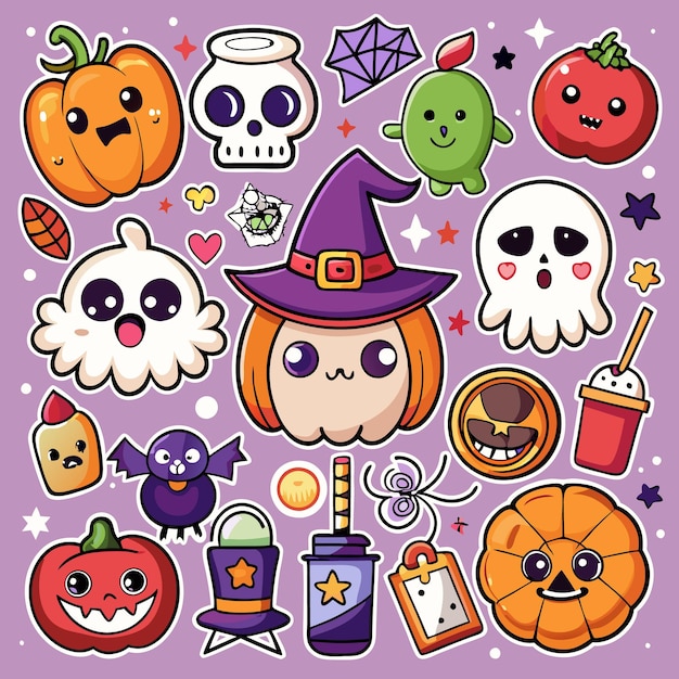 Vector cute kawaii halloween pumpkin witch with ghost and bat stickers