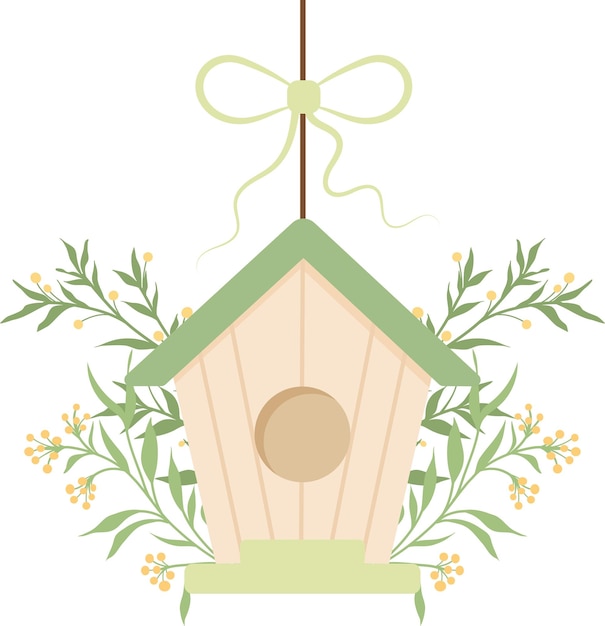 Cute Kawaii hanging bird house with flowers and ribbon