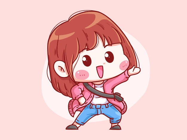 Cute and kawaii Happy Girl Ask For Attention pointing on something Chibi Illustration