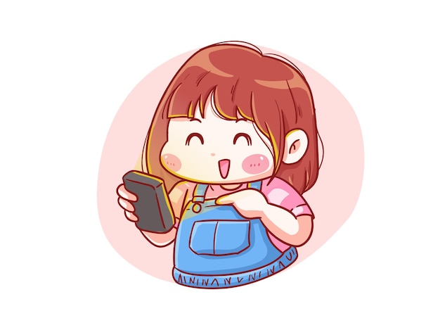 Cute and kawaii Happy Girl Look at her Smartphone Manga Chibi Illustration