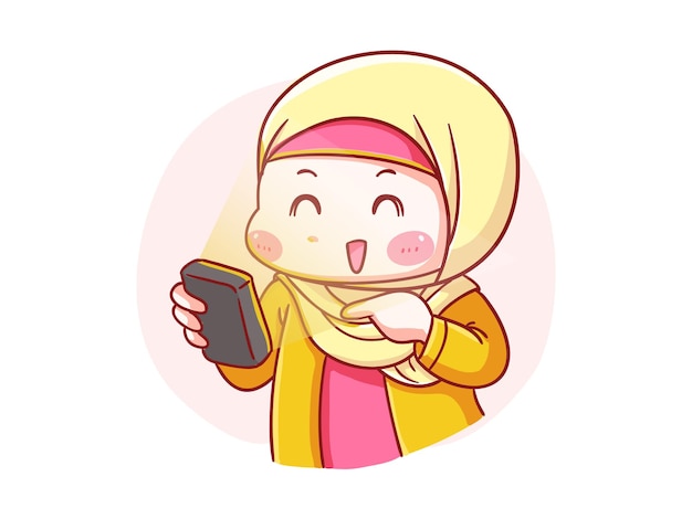 Cute and kawaii Happy Hijab Girl Look at her Smartphone Manga Chibi Illustration