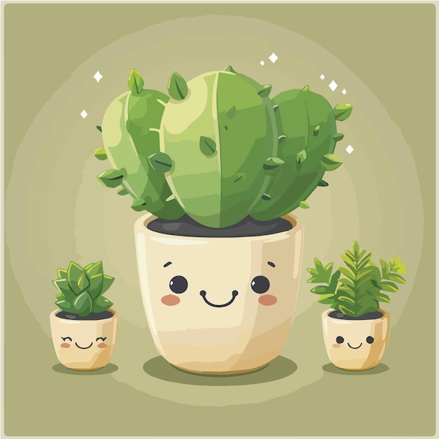 Vector cute kawaii happy smiling cactus and succulents pot plant illustration cartoon character green foliage houseplants gardening botany home decordesign element isolated background