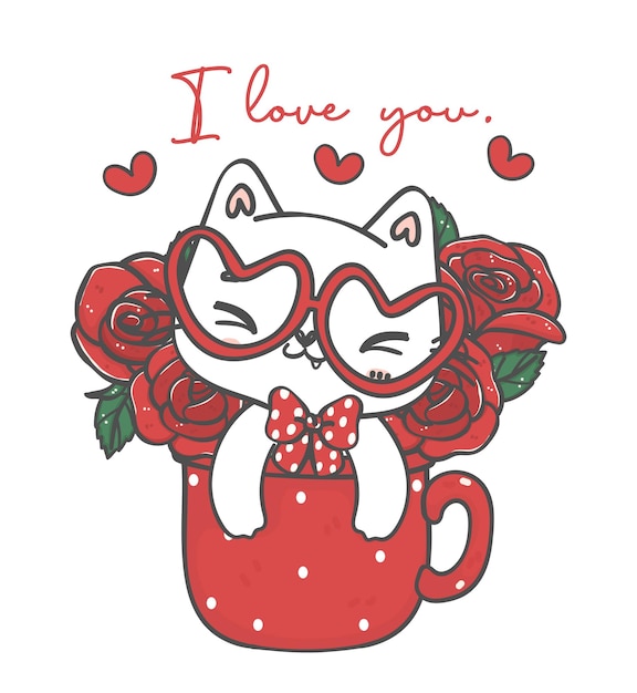 Cute kawaii happy white cat smiling in red roses flowers mug for you pet animal cartoon character hand drawing illustration vector