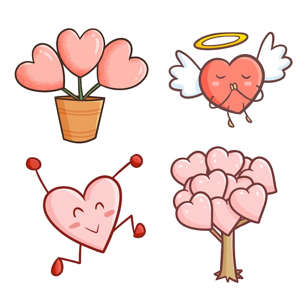 Cute kawaii heart as plant, and as mascot character