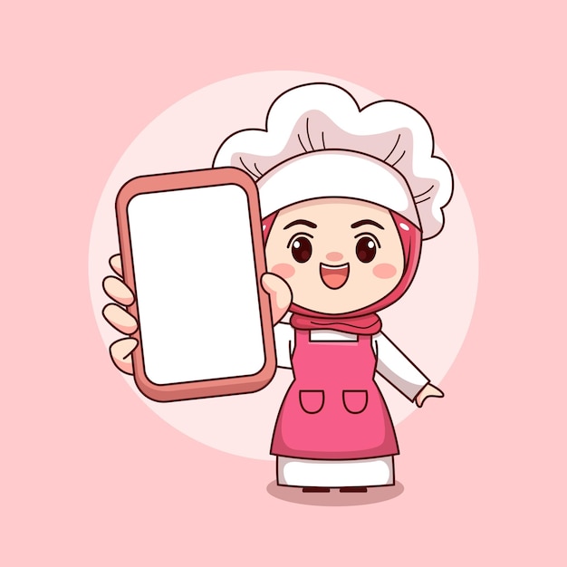 Cute and kawaii hijab female chef or baker holding phone cartoon manga chibi vector character design