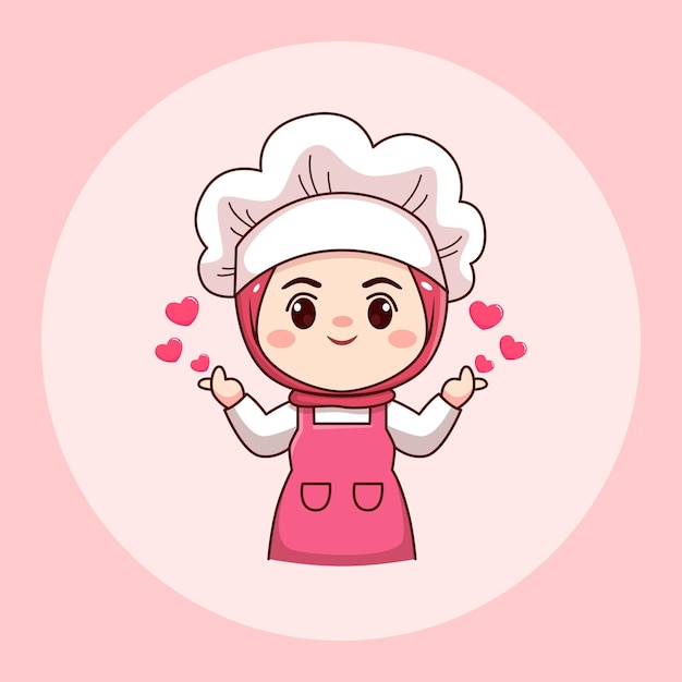 Cute and kawaii hijab female chef or baker with love sign cartoon manga chibi flat character design