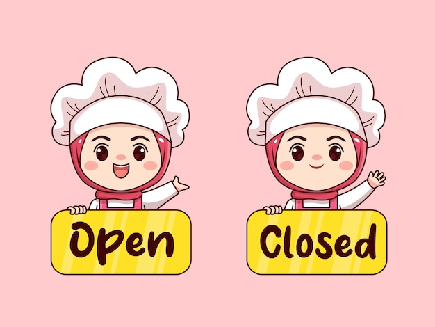 Cute and kawaii hijab female chef or baker with open closed board cartoon manga chibi character