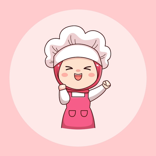 Cute and kawaii hijab female chef or baker with pink apron cartoon manga chibi flat character design