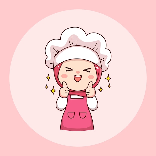 Cute and kawaii hijab female chef or baker with thumbs up cartoon manga chibi flat character design