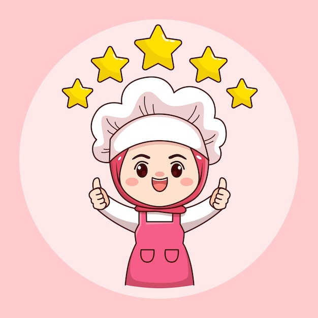 Cute and kawaii hijab female chef or baker with thumbs up and five stars cartoon manga chibi