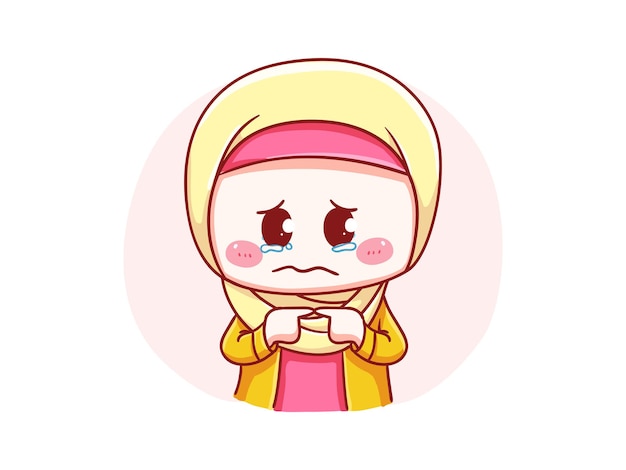 Cute and kawaii Hijab Girl crying and feel guilty Chibi Illustration