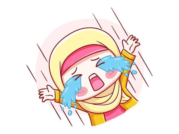 Cute and kawaii Hijab Girl crying out loud Manga Chibi Illustration