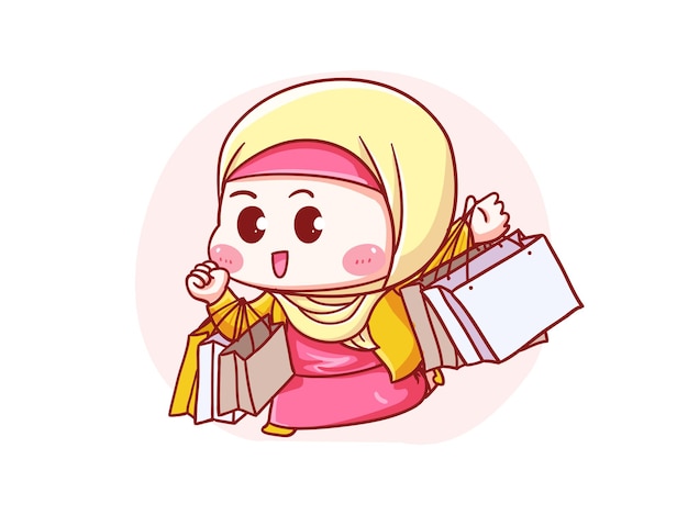 Cute and kawaii Hijab Girl Holding Shopping Bag manga chibi Illustration