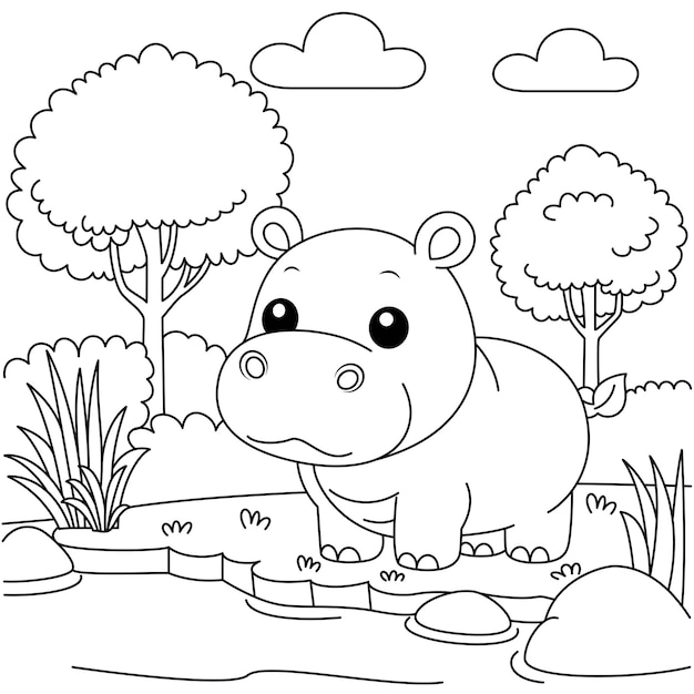 Cute kawaii Hippopotamus cartoon character coloring page isolated on white background