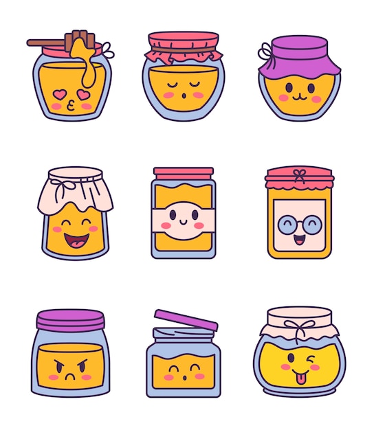 Cute kawaii honey jar Glass pot character Hand drawn style Vector drawing