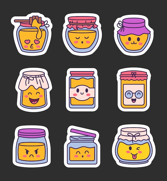 Cute kawaii honey jar Sticker Bookmark Glass pot character Hand drawn style Vector drawing