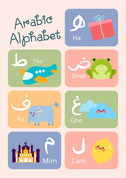 Vector cute kawaii kids learn arabic alphabet flashcard printable for education fun learning