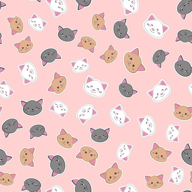 Cute kawaii kittens seamless pattern. Cat heads on a pink background