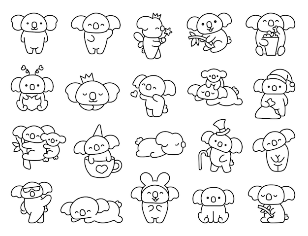 Cute kawaii koala bear Coloring Page Australian animals cartoon character