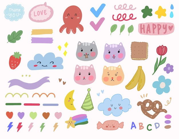 Cute kawaii korean sticker set with cat doodle art for bullet journal notes element