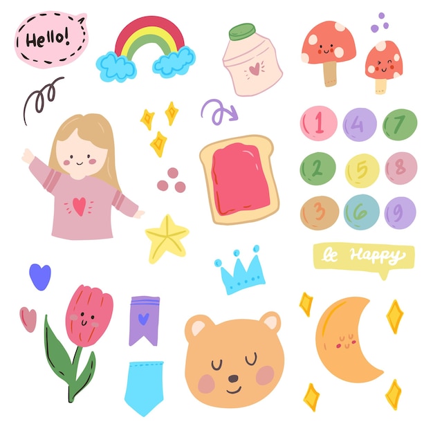 Cute kawaii korean sticker set with girl doodle art for bullet journal notes element